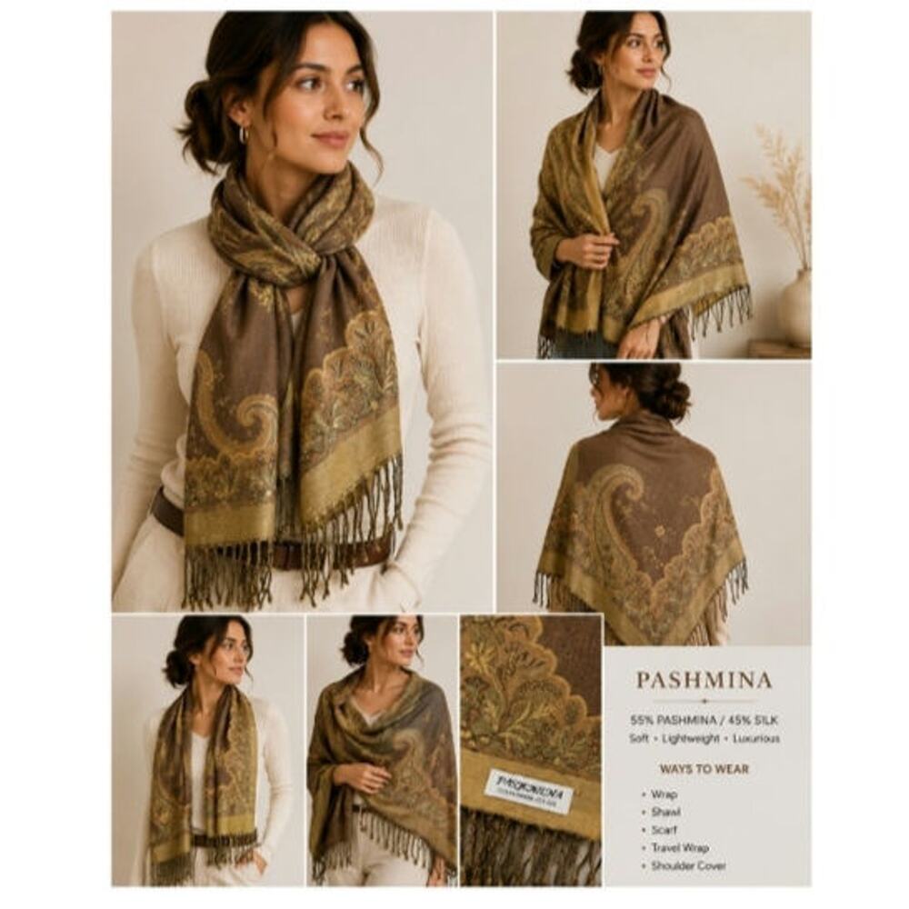 55% Pashmina / 45% Silk blend
Paisley & floral Print Scarf Shawl Olive Brn